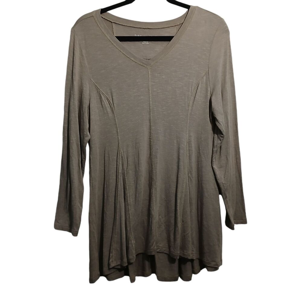 Soft Surroundings Tunic Blouse Women MP Tan V Neck 3/4 Sleeve Stretch